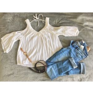 White semi-strapless blouse